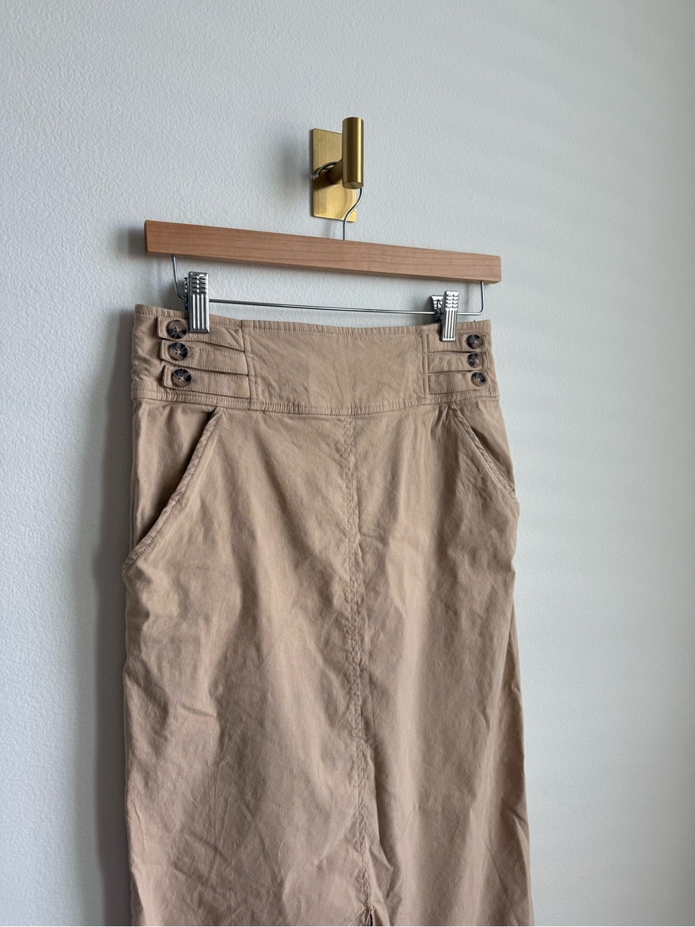 Anthropologie Slim Column Maxi Skirt Tan Linen Blend Front Slit Pockets Size 4 - Picture 12 of 16